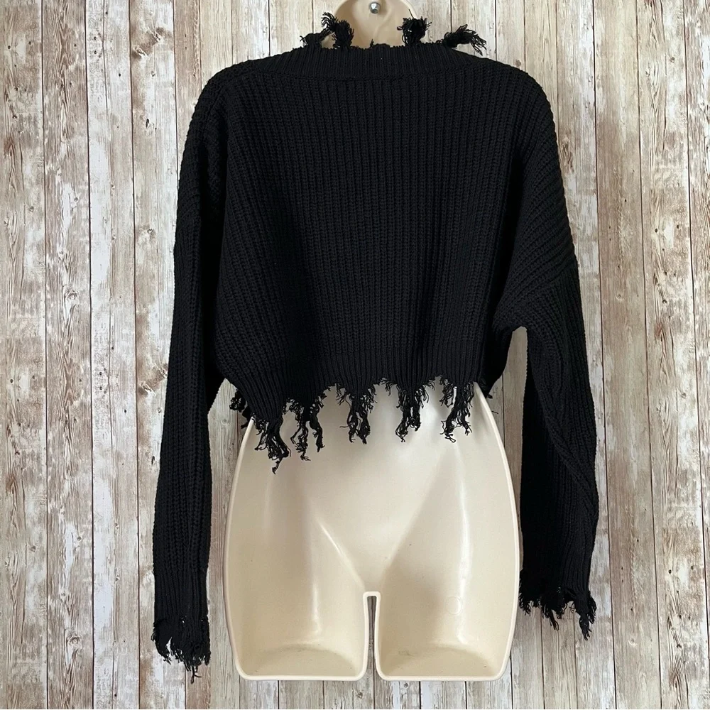 Black Frayed Knit Sweater Off Shoulder - Picture 5 of 8